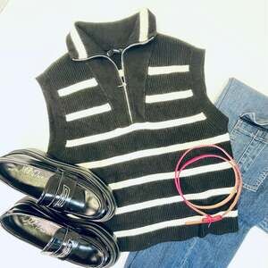 Mango MNG Striped Knitted Quarter-Zip Sweater Vest in Black and Ivory Women’s M